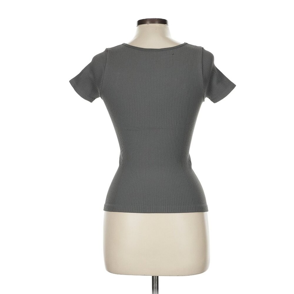 Free People Ribbed Fitted T Shirt Grey Short Sleeve Stretch Top M - Picture 3 of 4